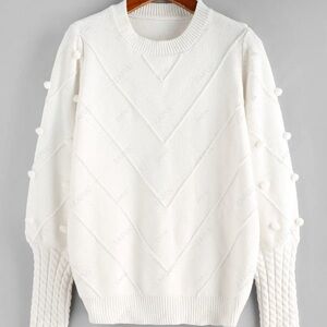 ZAFUL Puff Sleeve Pompom Cable Knit White Sweater